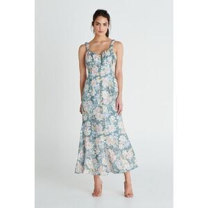 We Are Kindred Isobel Linen Gathered Sweetheart Midi Dress SZ 4 Floral Feminine